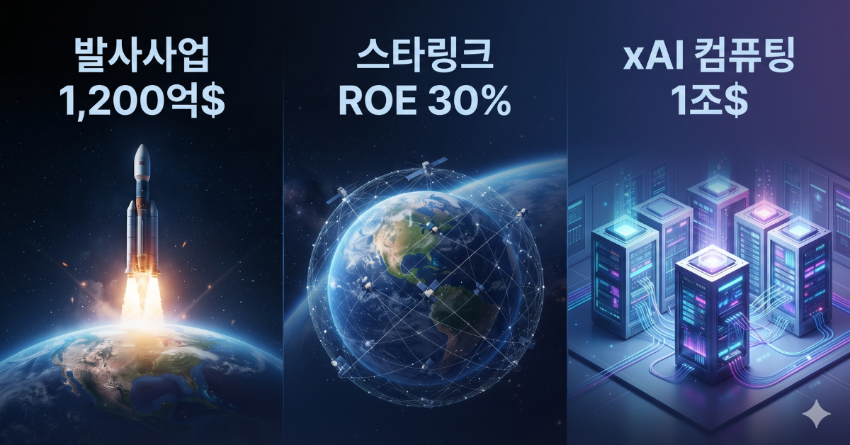 발사사업 1200억달러, 스타링크 ROE 30%, xAI 컴퓨팅 1조달러