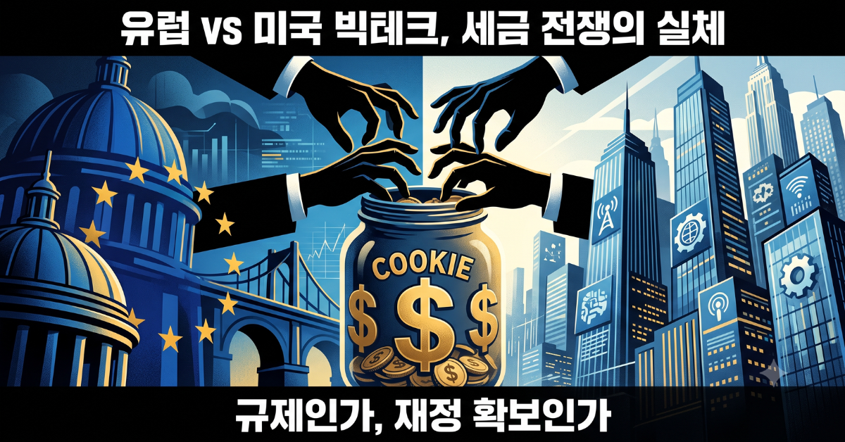 유럽연합과 미국 빅테크 기업 간 세금 및 규제 갈등을 상징하는 이미지