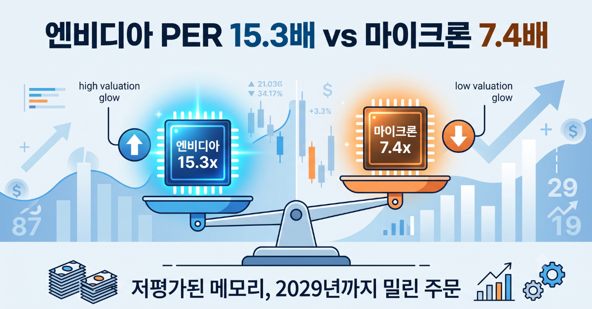 엔비디아와 마이크론의 밸류에이션 격차를 비교하는 인포그래픽 이미지