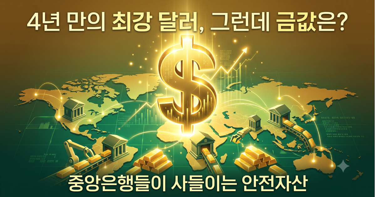 4년 내 최고치를 기록한 강달러와 중앙은행의 금 매입 흐름을 표현한 이미지