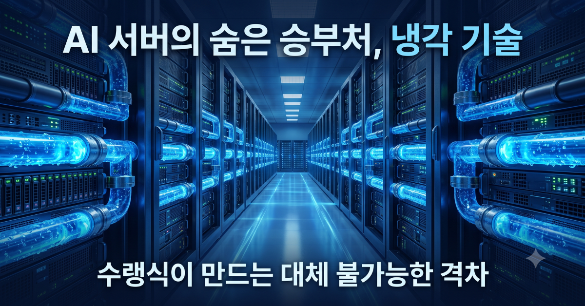수랭식 냉각 파이프가 연결된 AI 데이터센터 서버실 이미지