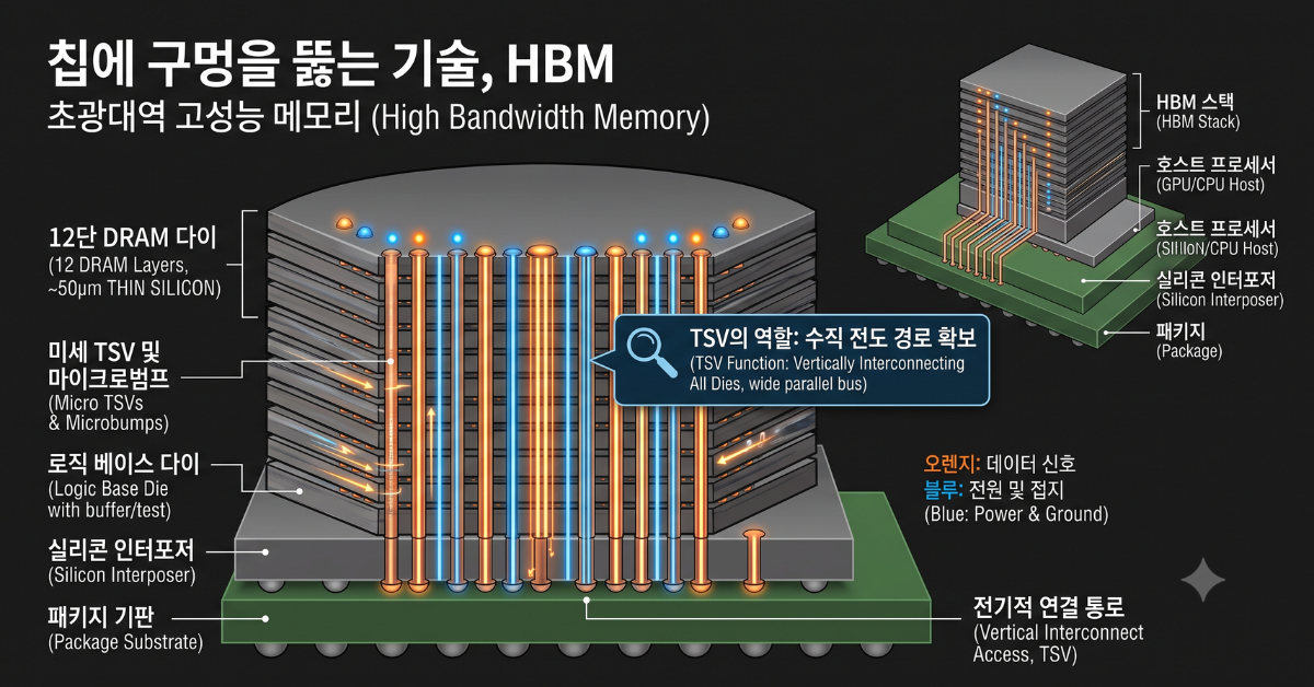 칩에 구멍을 뚫는 기술 HBM 반도체 적층 구조 이미지
