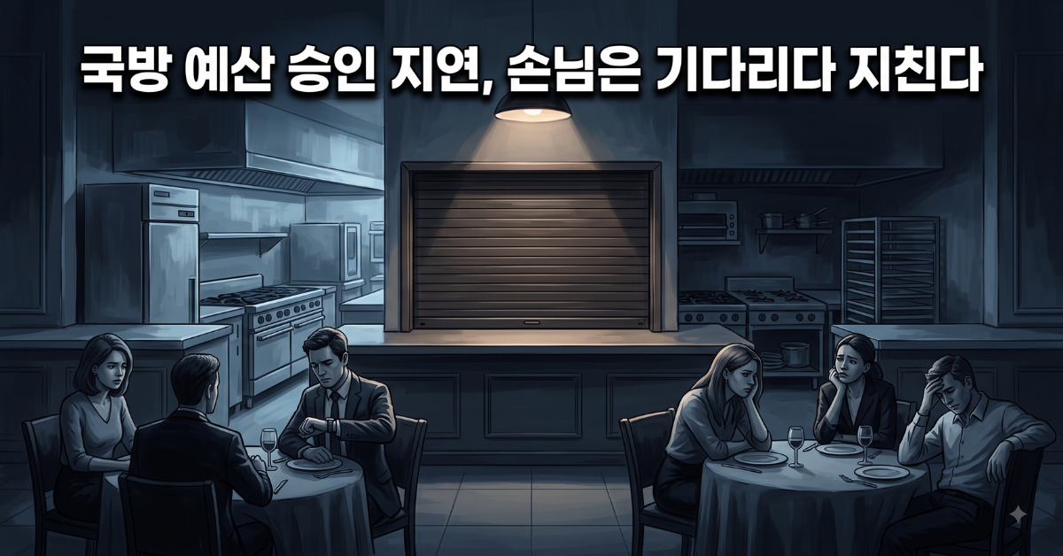 예산 승인 지연을 비유한 어두운 주방 이미지