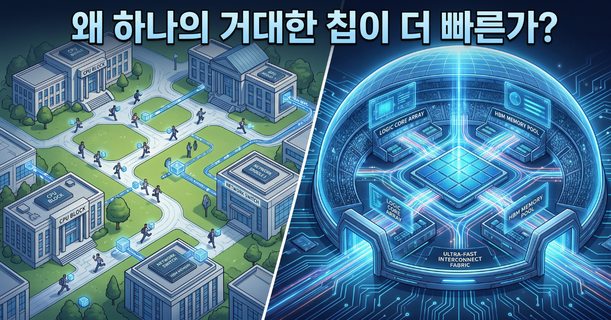 캠퍼스형 GPU 클러스터와 돔경기장형 웨이퍼 칩 구조 비교