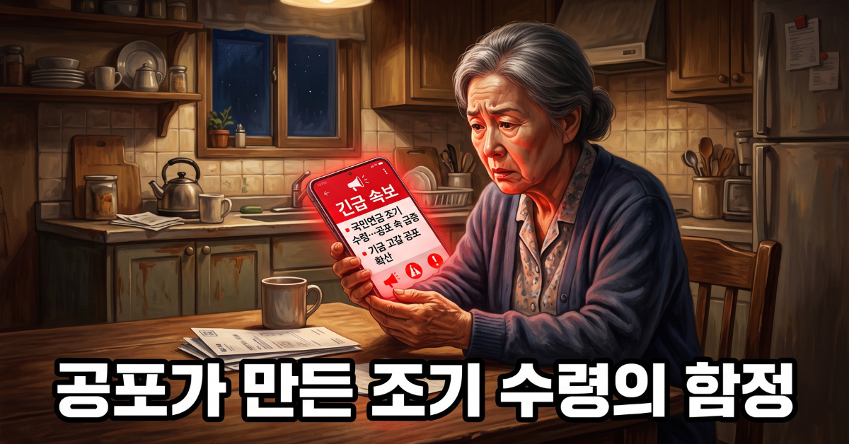 공포에 질린 시니어가 뉴스 알림을 보는 이미지