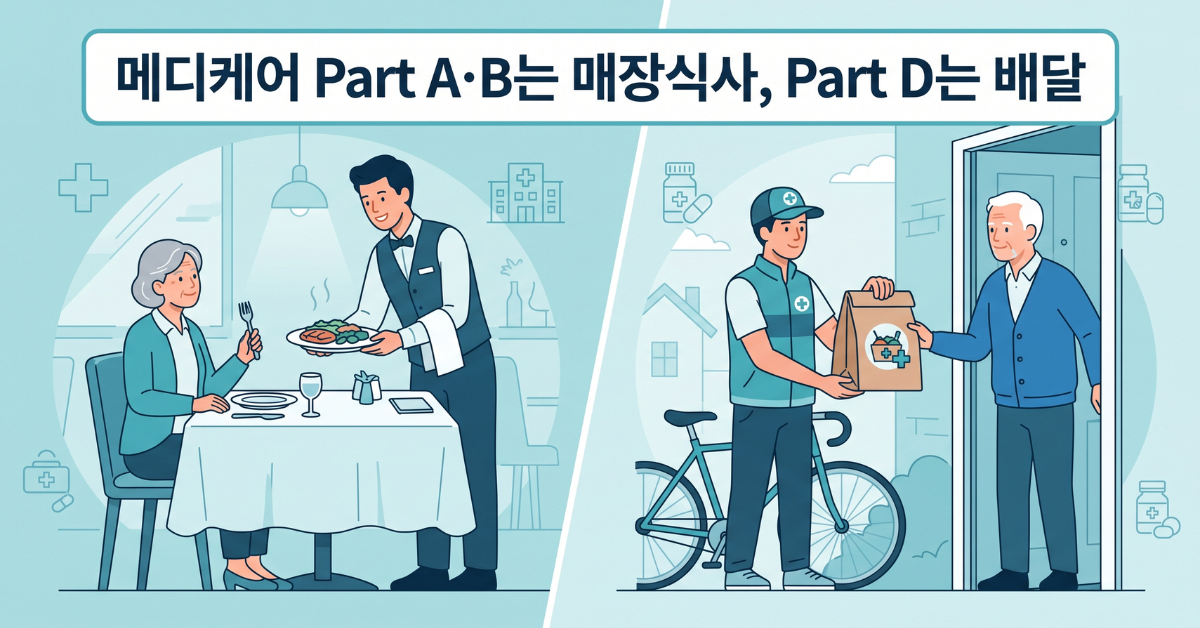 메디케어 파트 A B와 파트 D 비교 식당과 배달 비유