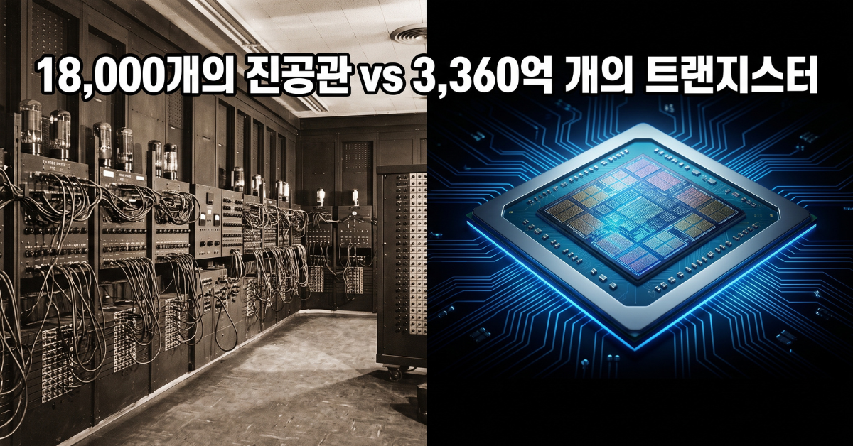1940년대 애니악 컴퓨터와 현재 GPU 트랜지스터 비교