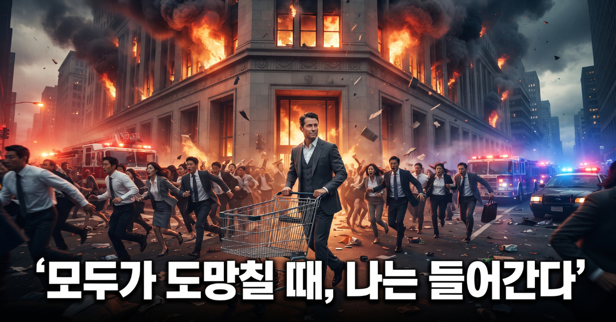 불타는 건물로 걸어 들어가는 투자자, 소매업 폭락장 역발상 투자