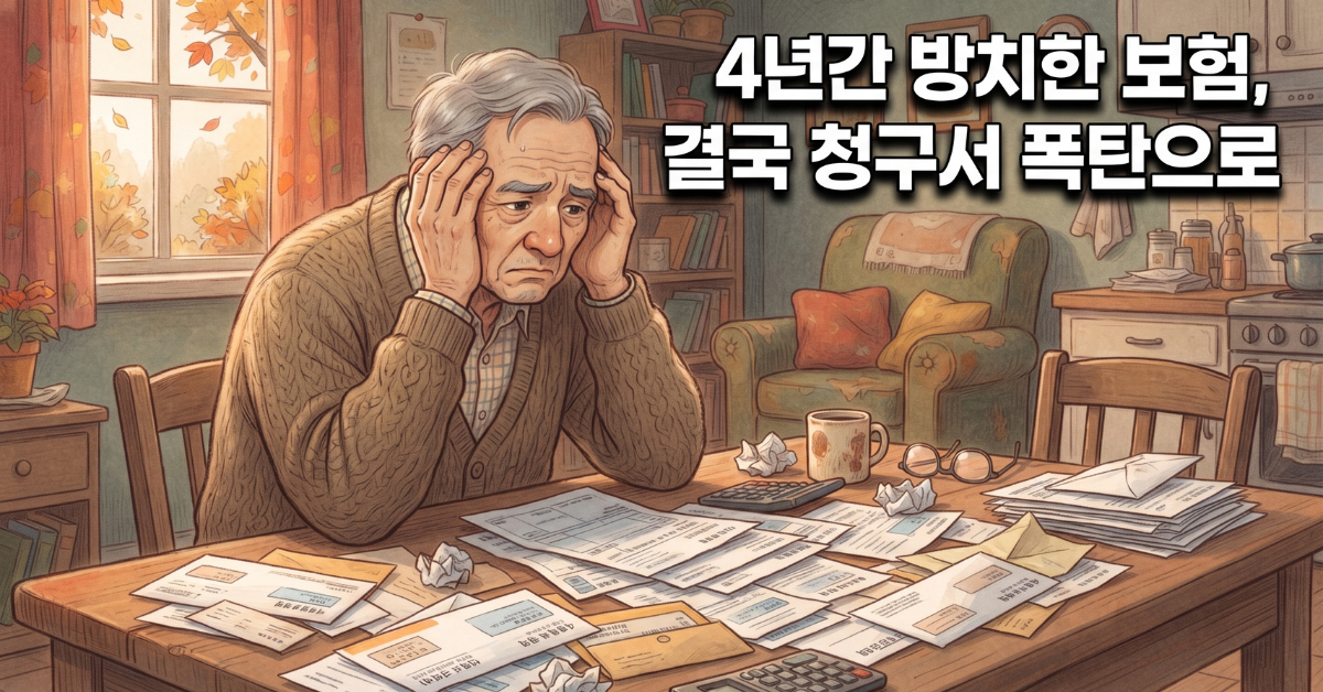 메디케어 공개등록 방치된 보험 청구서와 홀로 앉아있는 노인