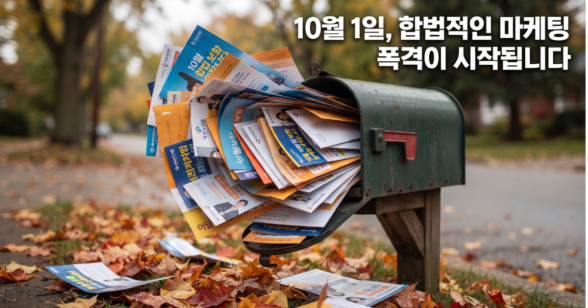 메디케어 공개등록 보험 광고 우편물로 가득 찬 우편함