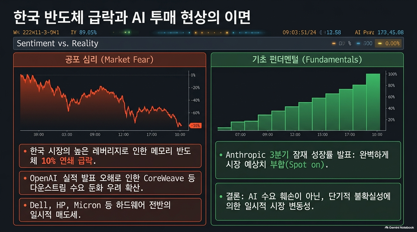 한국 반도체 급락과 AI 투매 현상이 미국 증시로 번진 과정을 설명하는 인포그래픽