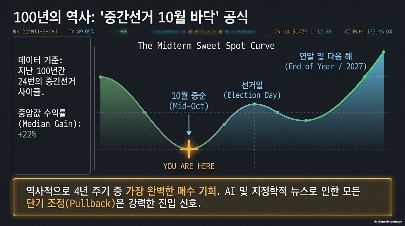 미국 중간선거 10월 바닥 이후 이듬해 여름까지 이어지는 S&P500 상승 패턴 차트